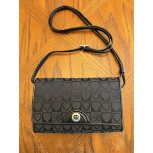 Ladies BRIGHTON Crossbody Organizer Clutch Wallet - Black Leather & Heart Fabric
